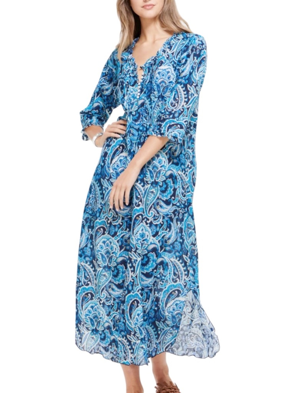One Season Australia Midi Poppy Dress Blue Paisley MEDIUM in LaMarsa Navy Cotton